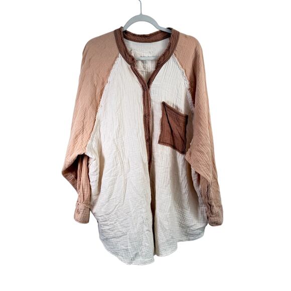 Aerie Pool to Party Gauzy Cover Up Shirt Oversized Tan Colorblock Womens XXL - Picture 1 of 7